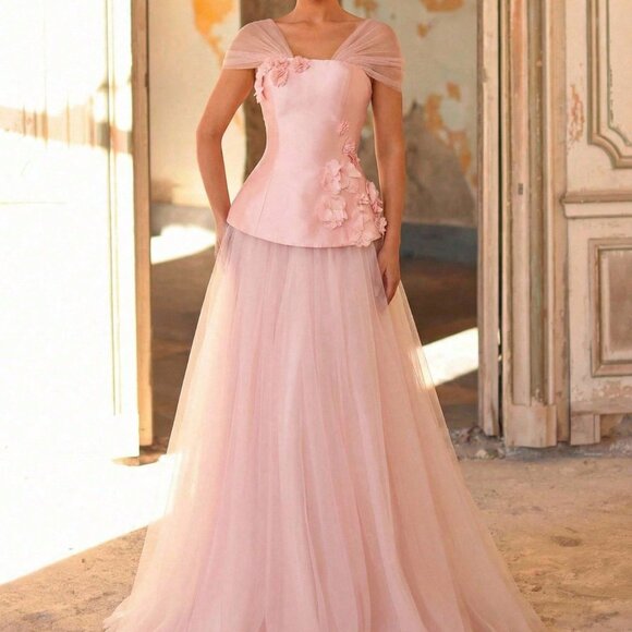 Pink Elegant Women's Satin Mesh Patchwork 3D Floral A-Line Evening Gown - Picture 3 of 6